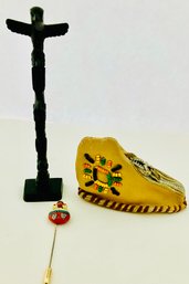 Small Native American Fun Pieces--Hand-Carved Totem Pole--Shoe Purse--Ceramic Pin