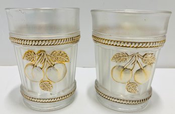 TWO ANTIQUE NORTHWOOD DRINKING GLASSES---WHITE CARNIVAL GLASS PEACHES --- 4' TALL--C1910