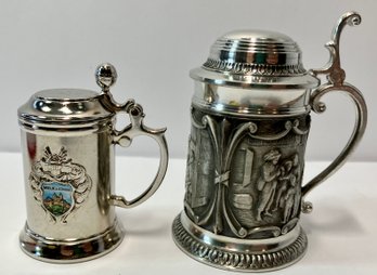 TWO VERY SMALL STEINS--BOTH PEWTER---BOTH GERMAN--ZINN & GES GESCH--2.5' & 3.0' TALL