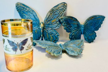 Very Vintage Display Of Butterflies--Delicate French Crystal Glass With Painted And Gilded Wood Butterflies