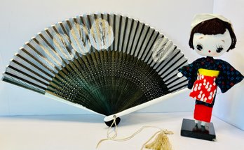 Fancy Fan Being Held By A Fancy Doll---Vintage Fan With Silver Shiny Highlights--Hand-Made Asian Doll