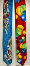 Two Crazy Ties From Two Trendy Colorful Brands--JERRY GARCIA  And Ed HARDY--Ties Are A Bit Wide At Bottom--3'
