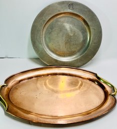 Vintage Brass And Copper And Pewter---Small Plate And Tray--8 Inches And 11 Inches--Both Show Wear
