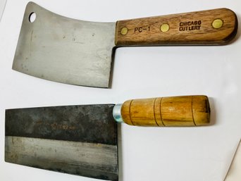 Two Very Serious Vintage High Quality Meat Cleavers--One Is CHICAGO CUTLERY And Other Is CHINESE--Intact--12'