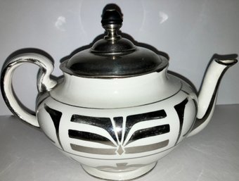 Vintage/Antique BUFFALO POTTERY Teapot With Tea Strainer Attached To Lid--Silver On White Porcelain--Good Cond