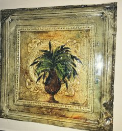 Very Large Hand Painted Picture Of Palm On Antique Tin Ceiling Tile--2 Ft. X 2ft.!--SIGNED BY ARTIST-See Below