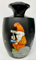 Hand-painted Vintage Wooden Perfume Bottle With Sorcerer---design On Back And Numbered On Bottom--4.5' Tall