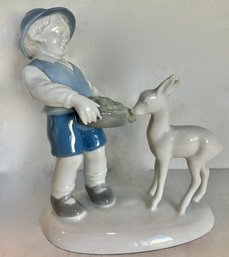 GEROLD PORZELLAN Porcelain Figure Of Little Boy With Fawn-6' Tall-made In Western Germany--Excellent Condition