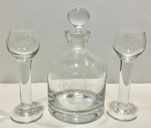 Crystal Decanter And Two Glasses---Decanter Is 7 Inches Tall---all In Excellent Condition.  Note Etched Name