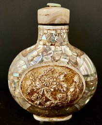 Ornate And Detailed Hand-Carved Antique Mother-of-Pearl Chinese Snuff Bottle--2.5' X 2' (small)--Jade Also