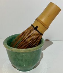 Vintage Green Porcelain Mixing Bowl-appears To Have An Asian Origin With The Straw Whisk--Bowl Is 2' Tall