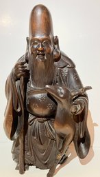 Very Large And Heavy Wood Carving Of Chinese Wise Man, FU LOU SHOU- Deity Of Longevity--12' Tall X 5.5' Across