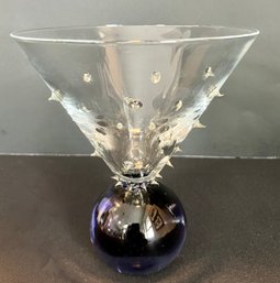 Unique Art Glass-- Martini Glass Design With Soft Spikes And Bright Blue Crystal Base--5.5' Tall