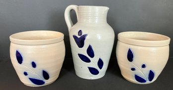 Two Small Hand-made Pottery Pots And One Hand-made Pitcher With Similar Designs--different Pottery Studios