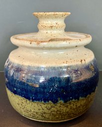 Studio Pottery Covered Bowl With Opening For Spoon--Signed By Artist--Excellent Condition---4.5' X 3'