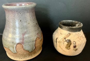 Two Small Studio Pottery Vessels--signed/stamped By Artists---4.5' And 3' Tall