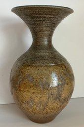 Expertly Crafted Studio Pottery Vase With Bright Finish And Carved Detail Throughout!  10 Inches Tall--Heavy