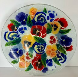 Beautiful And Colorful PEGGY KARR Fused Art Glass Pansy Design--- 10 X 2.5' Shallow Bowl Or Plate--Exc. Cond.