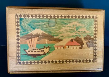 Fascinating  Antique/Vintage Japanese Puzzle Box--Intricately Hand-Painted With Inlaid Wood--5' X 2.5'