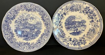 Two Italian Decorator Plates Picturing Rural Setting In Blue And White--9.5' Diameter