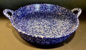 Large 12 INCH-UNUSED-Casserole Dish By Baum Bros.'style-Eyes'-- Vibrant Blue And White Spongeware  Design