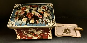 Two Lovely Antique/Vintage Metal Pieces From England And France--Ashtray And Decor Box--See Photos For Details