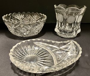 Three Lovely High Quality Vintage Cut Glass Pieces---tallest Is 4.5' And They Are 4' - 6' Wide