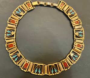 Interesting And Colorful Design Choker In Gold Tone---See Photos For Detail