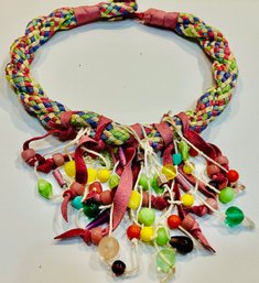 Very Colorful And Complicated Artisan-Made Necklace With Leather--Beads--Knit 'Rope'-- 21 Inches