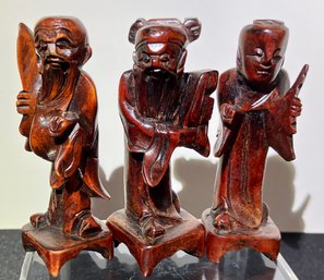 THREE SMALL VINTAGE CHINESE CARVED ROSEWOOD GOD FIGURES--3 Inches Tall