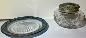 Antique/Vintage Glass And Metal Decorative Pieces--plate Has Silver Metal Trim And Jar Lid Is Possibly Tin