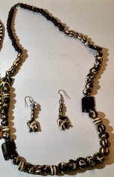 Matching Necklace And Earrings With Carved Elephants