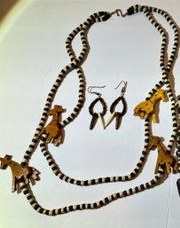 Matching Necklace And Earrings. Necklace Has Carved Wood Giraffes