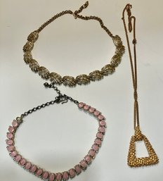 Three Lovely Vintage Costume Necklaces--pink Stones And Gold Tone