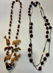 Two Interesting Natural Necklaces--wood Carved Animals And Natural Seeds/beads