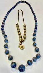 Two Sparkly Necklaces---blue And Gold--one Short, One Long--one From Greece