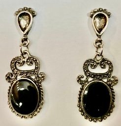 Vintage Sterling Silver Dangle Earrings With Black Onyx Stone--1.75 Inches Long