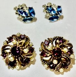 Two Pair Of Vintage Colored Stone Earrings With Clip-on Backs--rich Purple And Bright Blue Stones