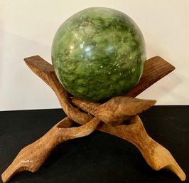 A Moving Solid Chrysoprase Ball.  Often Seen As A Spiritual Symbol.  Hand-carved Display Stand Included.