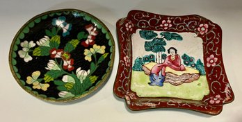 Two Antique Richly Colored And Hand-painted Metal Chinese Trinket Dishes--4 - 4.5' In Size