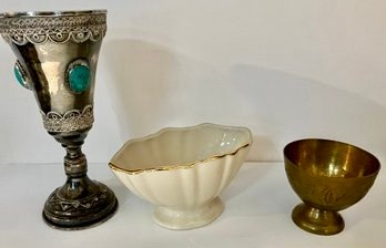 Three Vessels------A Small Brass Bowl--small Lenox China Oblong Bowl-- Silver-plate Chalice With Blue Stones