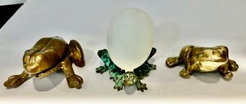 For The Frog Fan!  Two Brass Frogs And A Brass Frog 'egg Stand'--Solid Opaque Glass Egg