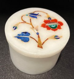 Very Pretty Detailed White Quartz Trinket Box With Very Colorful Inlaid Stonework--2'  X  1.5'