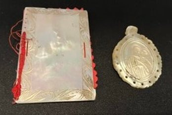 Antique Mother-of-pearl Tiny Book Front And Back Covers --With Religious Pendant--Book Is 2.5' X 1.5'