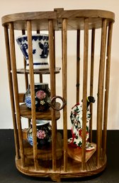 A Vintage Wooden Display 'cage' With Small Delicate Asian Decor Pieces