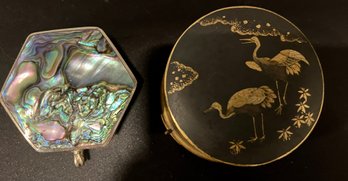 Two Fancy Trinket Boxes--one With Abalone Top And One With Gold Cranes On Black Matte Enamel