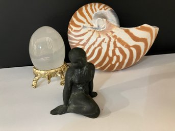 Grouping Of Interesting Items--a Small Bronze Female--a Glass Egg On A Turtle Base--a Large Seashell