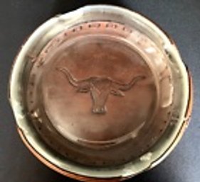 Vintage Western Steer Leather & Glass Large Ashtray--8' Diameter