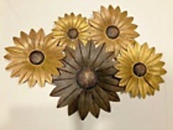 Vintage Metal Floral Wall Art--Gold/Brown--18' X 13'--Very Rustic And Mid-Century Looking