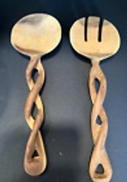 Hand Carved Wood Salad Serving Utensils With Twisted Handle--12 Inches